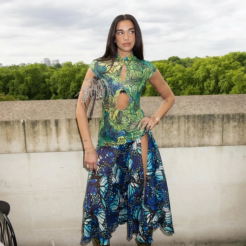 Jungle Butterfly Print High Slit Midi Dress