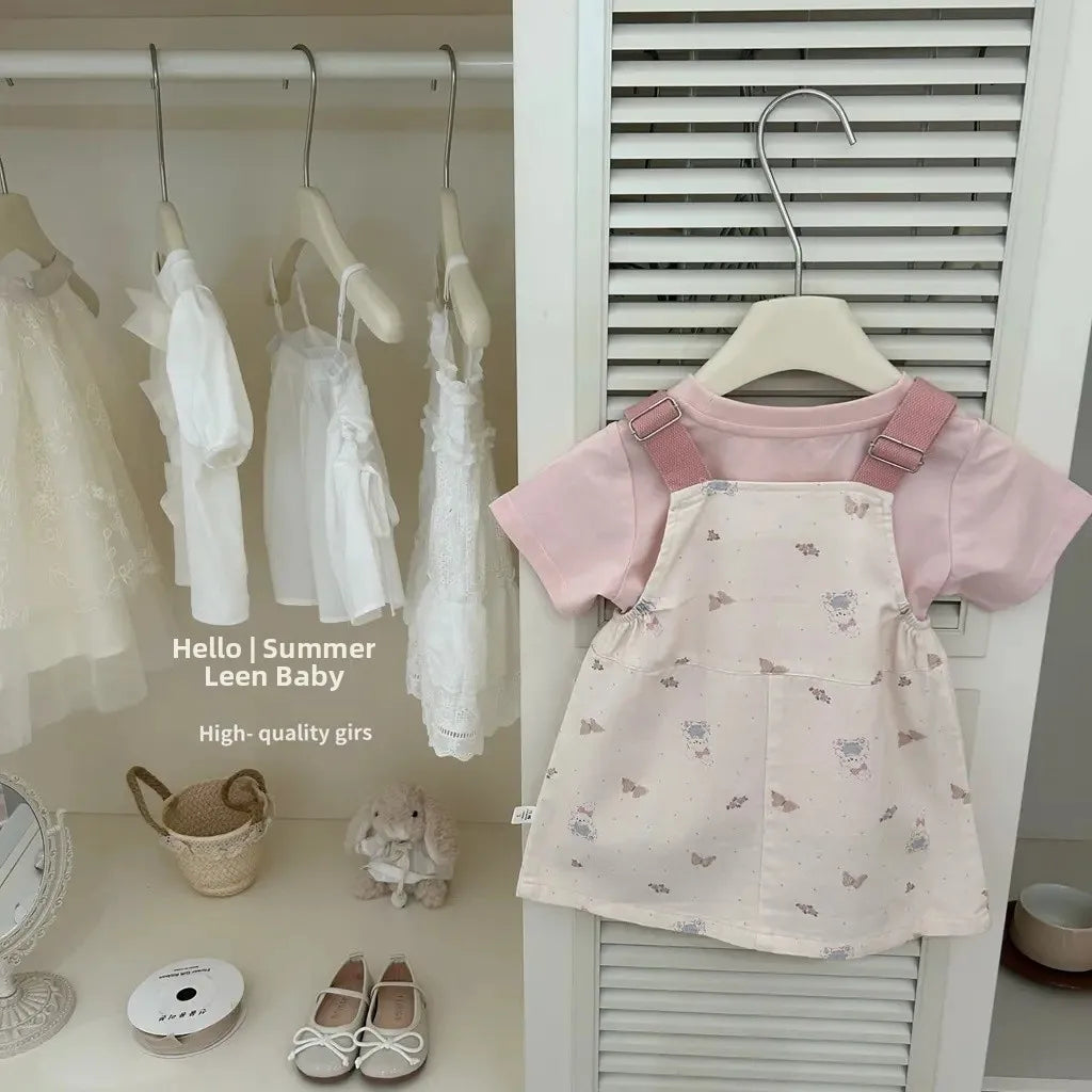 Korean Style Girls Romper Skirt Set Spring Summer Baby Rabbit Trendy Two-Piece Outfit Cotton Material Child Fashion