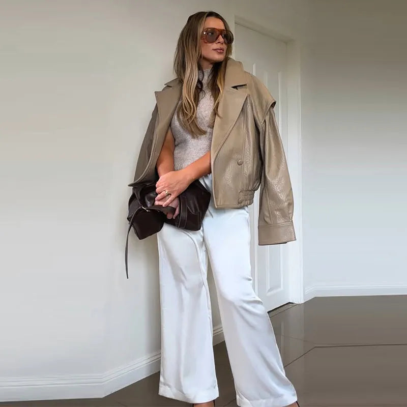 Casual Solid Pu Jackets Women Fashion Loose Khaki Lapel Double Breasted Leather Coat Female 2026 Autumn Lady Outwears Chic