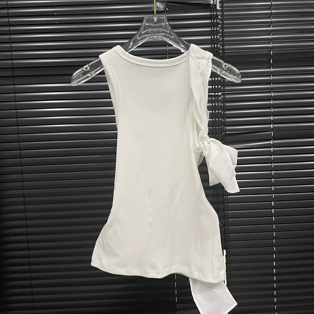 gestring Women Tanks 2025 Spring Summer Three Dimensional Bow Decorative Sleeveless Slim White Tops All Match Fashion Vest New