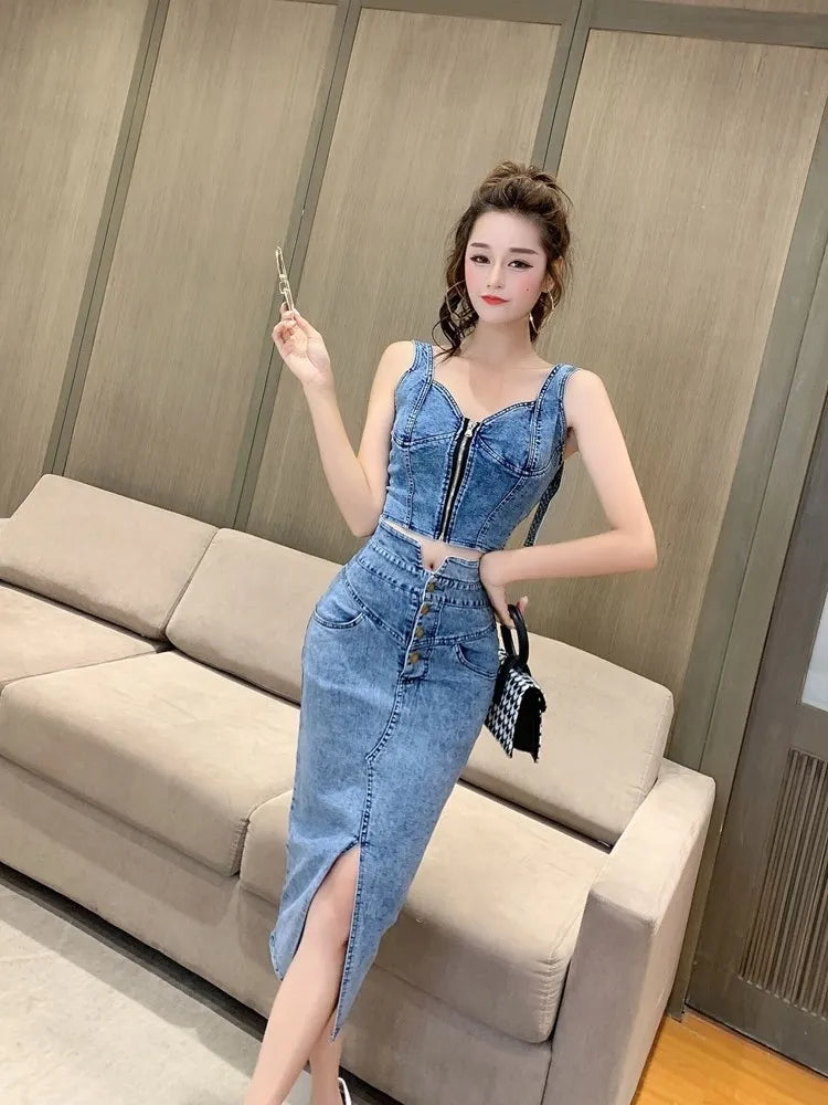 Women's Denim Top and Midi Skirt 2-Piece Set