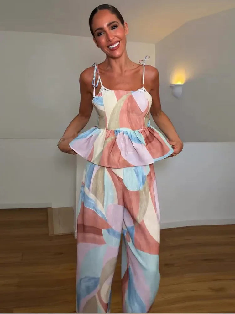 Women's Pastel Print Cami Top and Wide Leg Pants Set