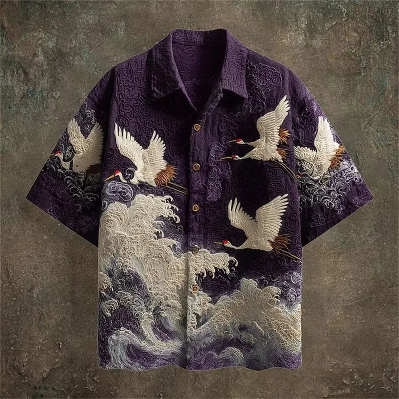 Men's Embossed Crane Print Short Sleeve Shirt