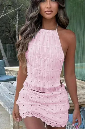 Women's Halter Ruffled Crop Top and Mini Skirt Set