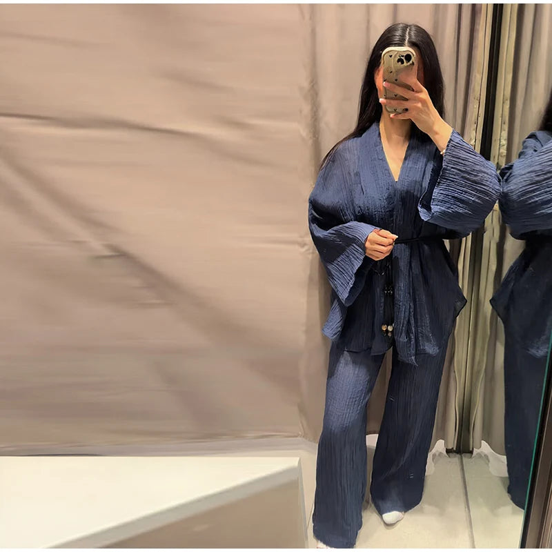 Casual Pleated Cardigan Pants Set V-neck Drop Shoulder Flared Sleeves Belt Waist Shirt Wide Leg Pants 2026 Chic Lightweight Sets
