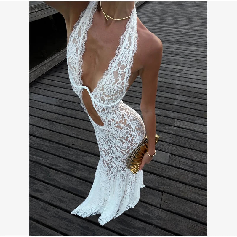 Women's Lace Halter Fishtail Maxi Gown