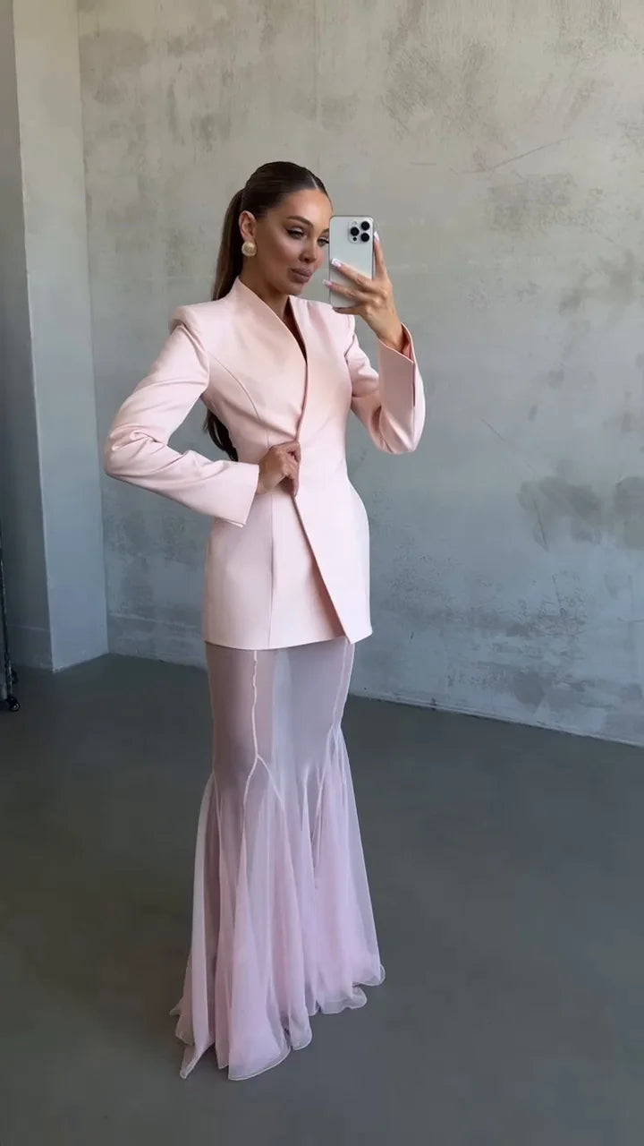 Women's V-Neck Blazer and Tulle Maxi Skirt Set