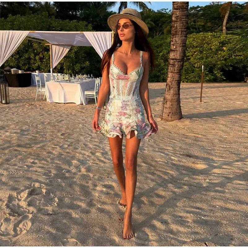 Women Skirt Set Spaghetti Strap Sleeveless Cinched Waist Corset Top High Waist Lace Hem Mini Skirt Slimming Chic Suit For Ladies