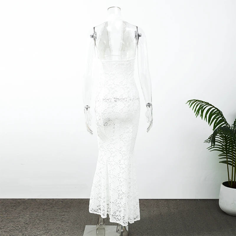 Women's Lace Halter Fishtail Maxi Gown