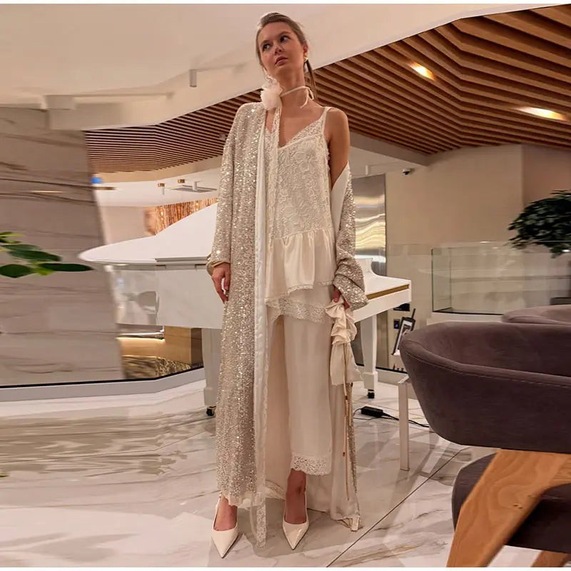 2026 Autumn Sequined Women Long Jacket Urban Full Sleeve Lining Pleated V-neck Cardigan Female Streetwear Fashion Lady Outwear
