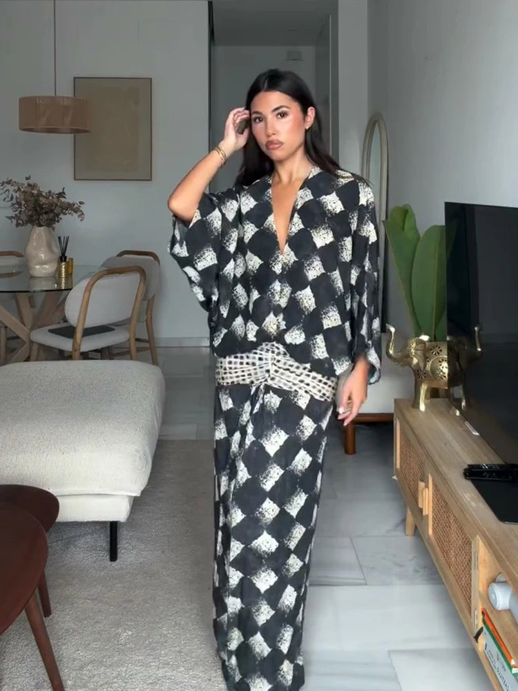 Women's Plaid Batwing Sleeve Maxi Dress