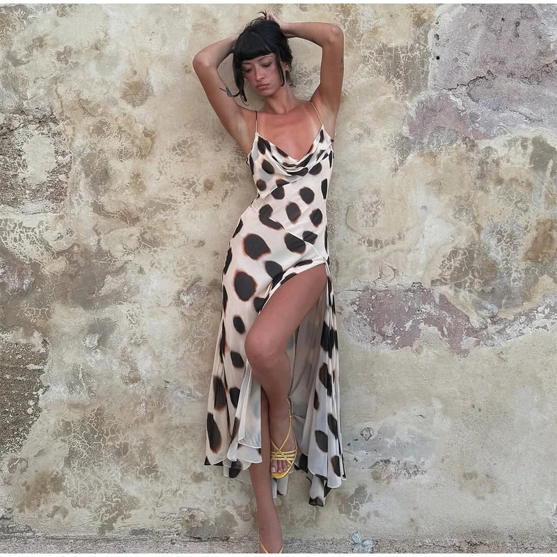 Women's Dot Print Long Sleeve Split Midi Dress
