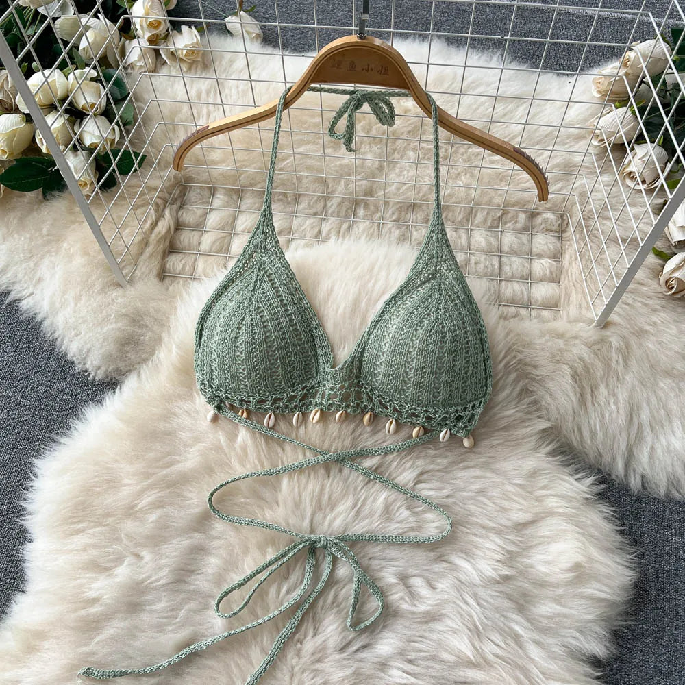 SINGREINY Women Summer Design Knitted Set Sexy Backless Halter Short Tops+Chic Hollow Knitted Wide Leg Long Pants Two Piece Suit
