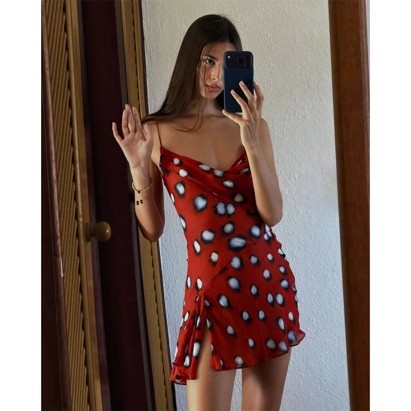 Women's Dot Print Long Sleeve Split Midi Dress