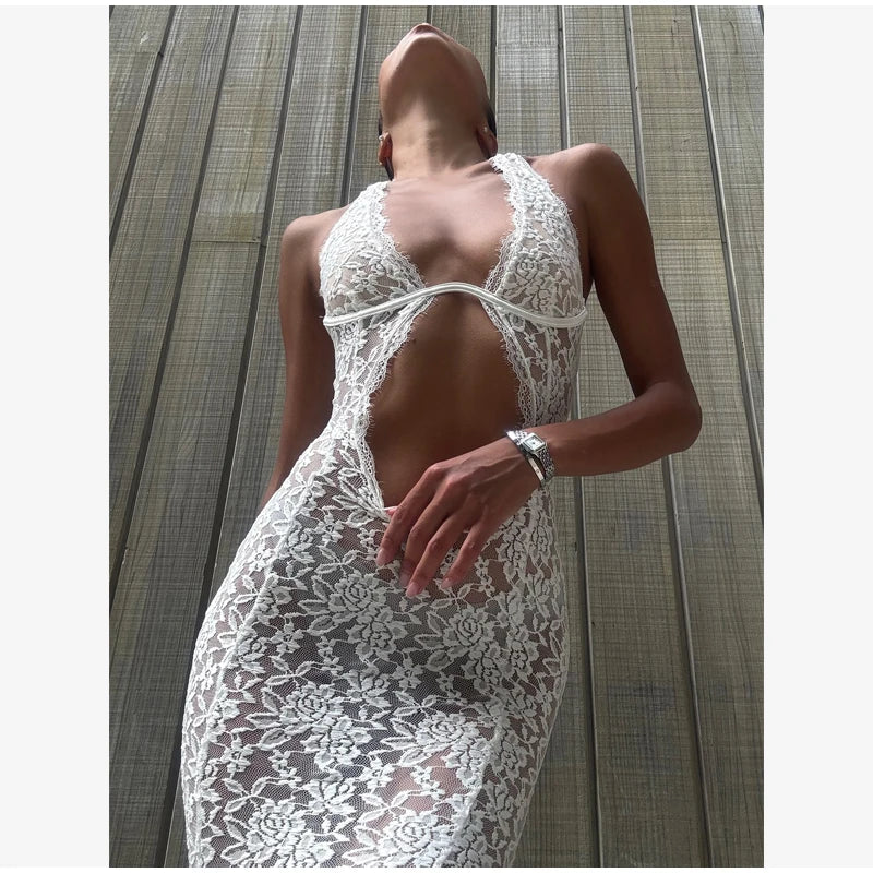 Women's Lace Halter Fishtail Maxi Gown