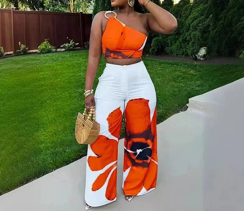 Floral Print Summer Two Piece Set Women Holiday One Shoulder Crop Top and Loose Wide Leg Pants Matching Sets Outfits Vacation