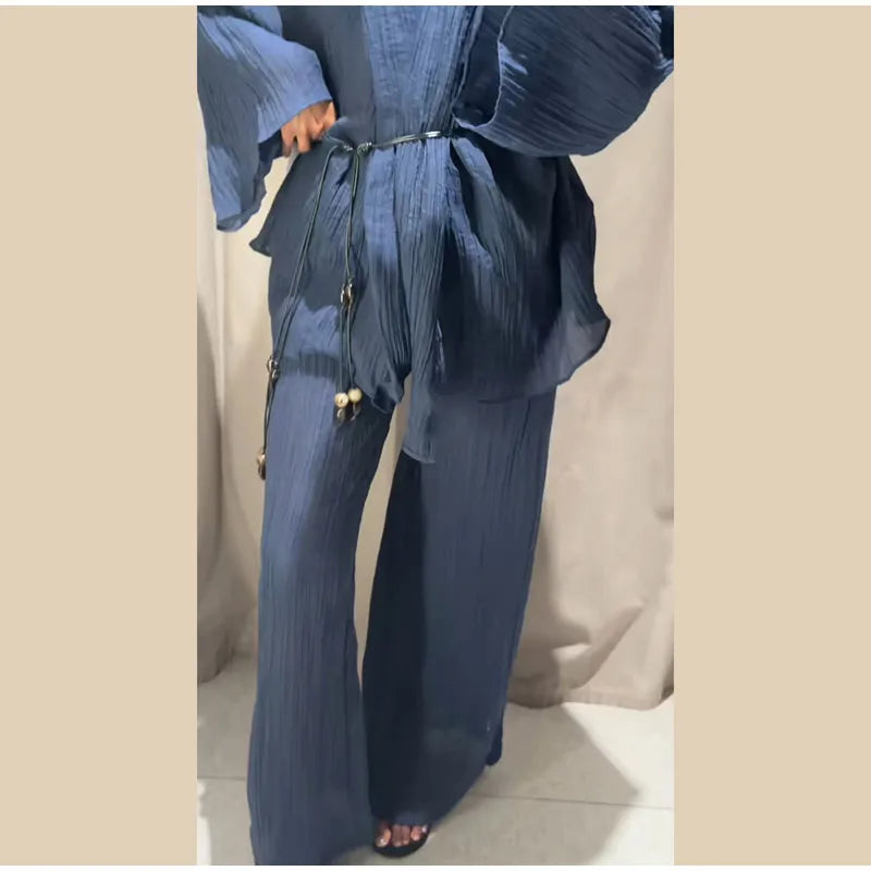 Casual Pleated Cardigan Pants Set V-neck Drop Shoulder Flared Sleeves Belt Waist Shirt Wide Leg Pants 2026 Chic Lightweight Sets