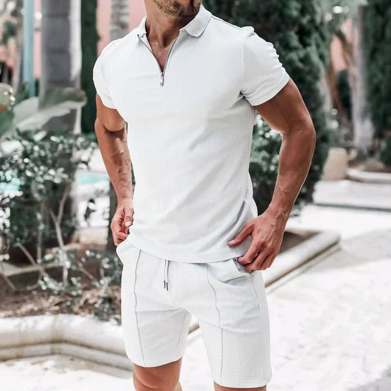 2026 Men Europe and the United States new summer Waffle solid color zip-up lapel short-sleeve suit shorts two sets