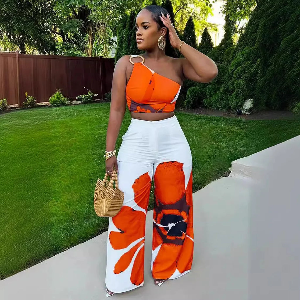 Matching Sets Wide Leg Full Length Pant Sexy Print One Shoulder Tops Pullover Pant Sets Loose Pockets High Street Spliced
