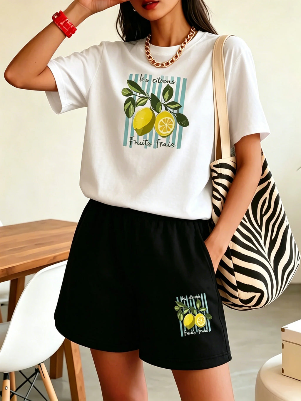Lemon Print Round Neck Short Sleeve Top