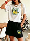 Lemon Print Round Neck Short Sleeve Top