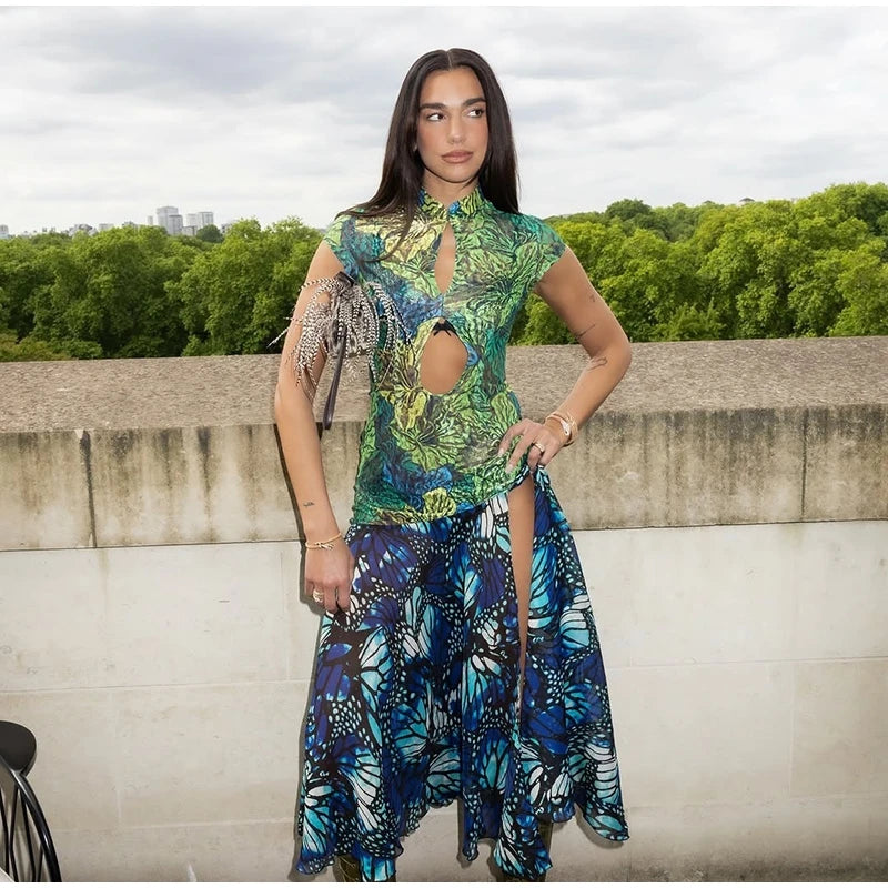 Jungle Butterfly Print High Slit Midi Dress
