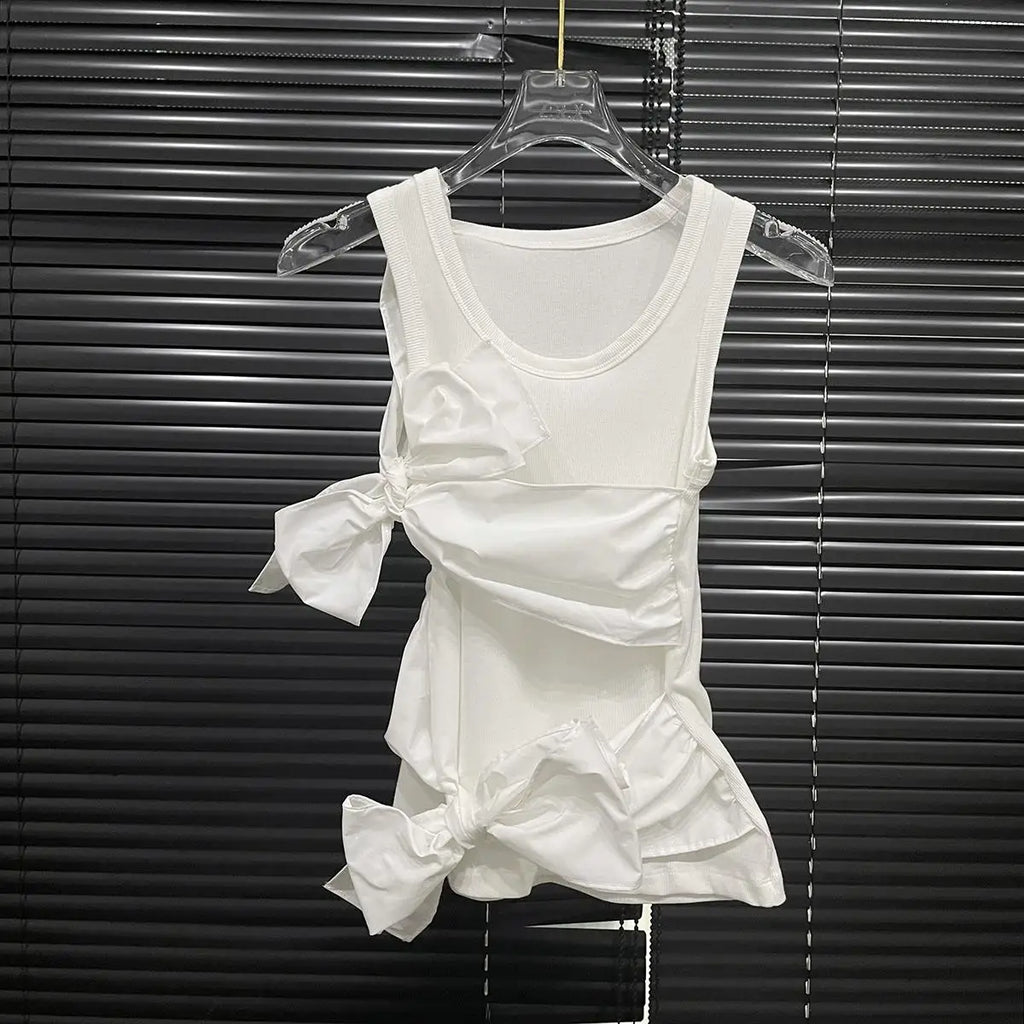 gestring Women Tanks 2025 Spring Summer Three Dimensional Bow Decorative Sleeveless Slim White Tops All Match Fashion Vest New