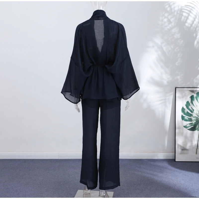 Casual Pleated Cardigan Pants Set V-neck Drop Shoulder Flared Sleeves Belt Waist Shirt Wide Leg Pants 2026 Chic Lightweight Sets