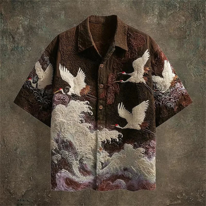 Men's Embossed Crane Print Short Sleeve Shirt