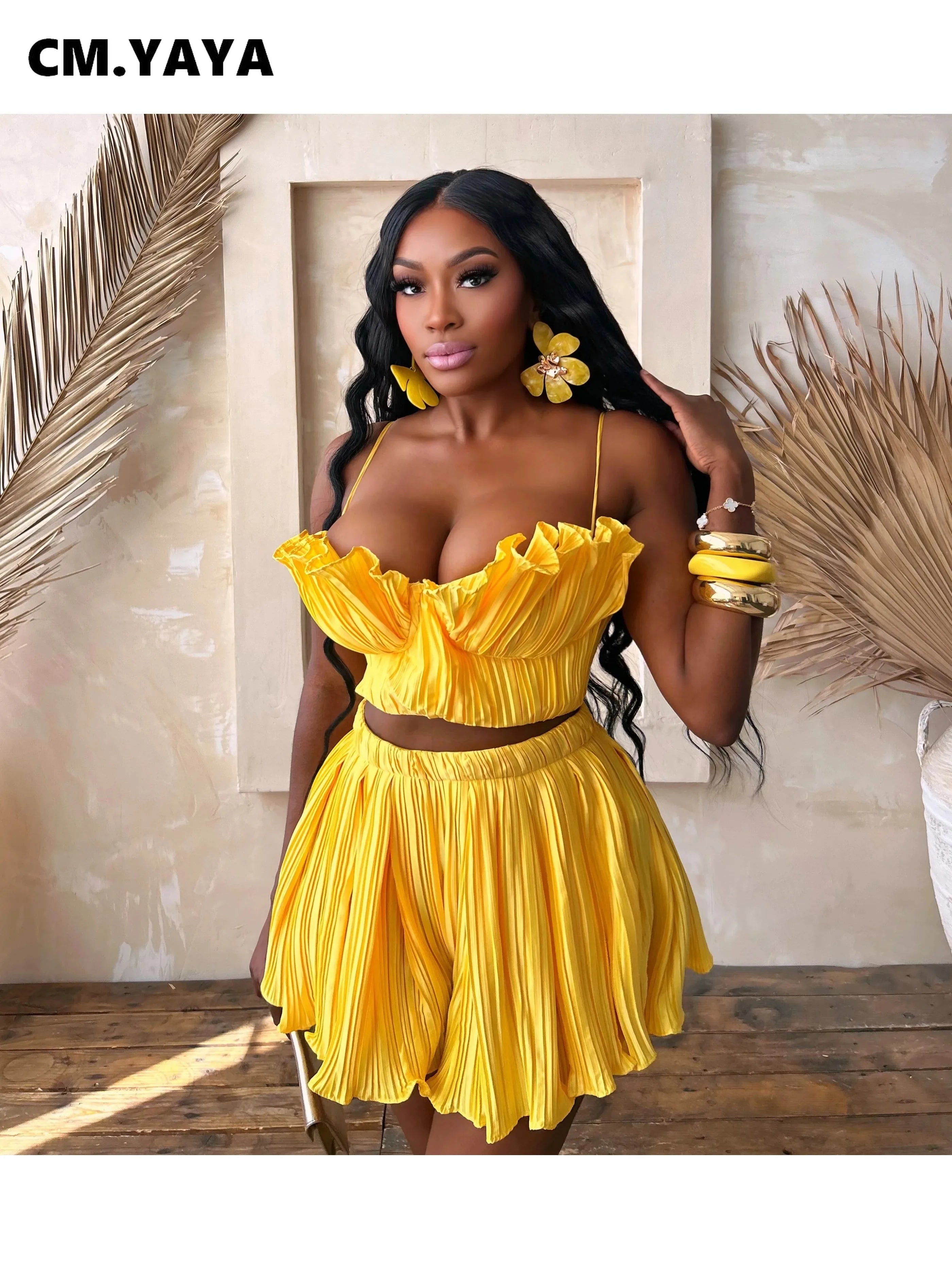 Women's Pleated Crop Top and Flare Shorts Set