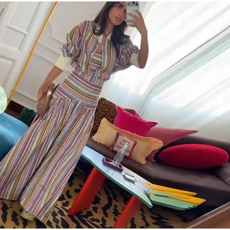 Women's Striped Shirt and Pleated Maxi Skirt Set