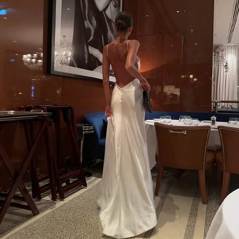 Women's Backless Satin V-Neck Sling Sundress