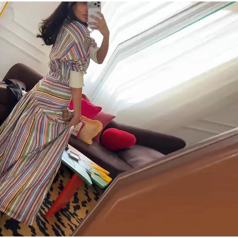 Women's Striped Shirt and Pleated Maxi Skirt Set