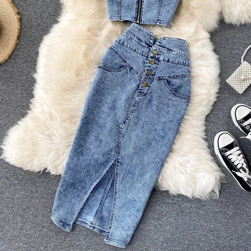 Women's Denim Top and Midi Skirt 2-Piece Set