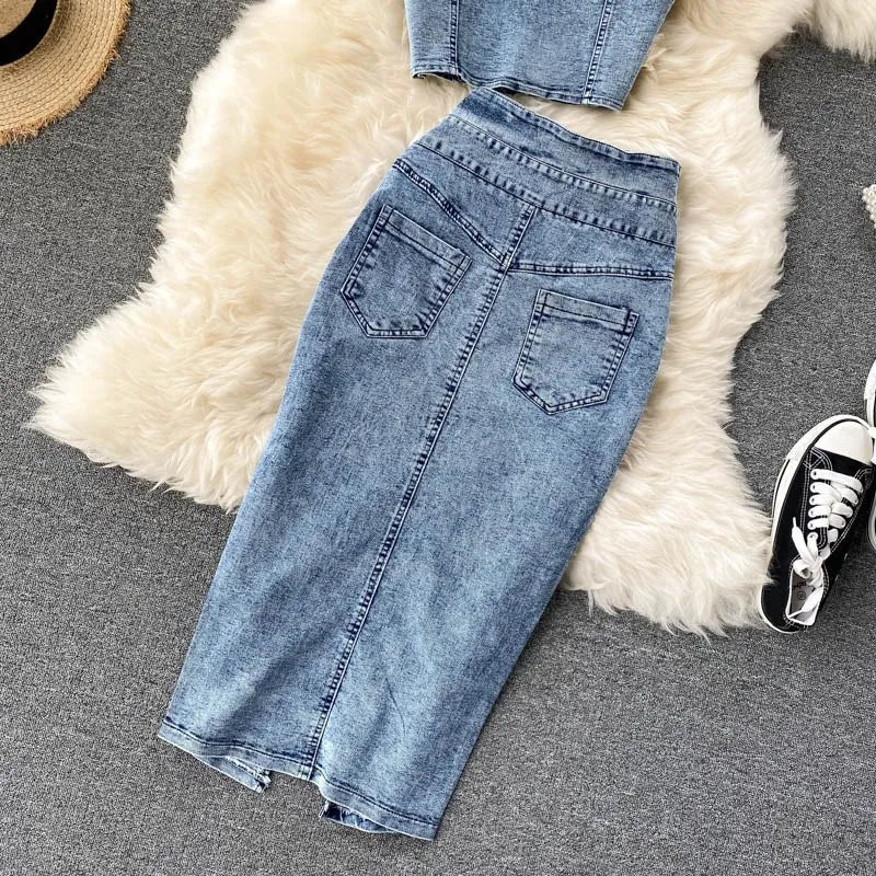Women's Denim Top and Midi Skirt 2-Piece Set