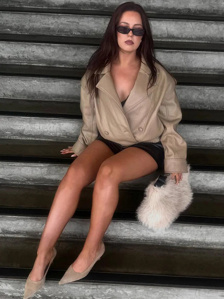 Casual Solid Pu Jackets Women Fashion Loose Khaki Lapel Double Breasted Leather Coat Female 2026 Autumn Lady Outwears Chic