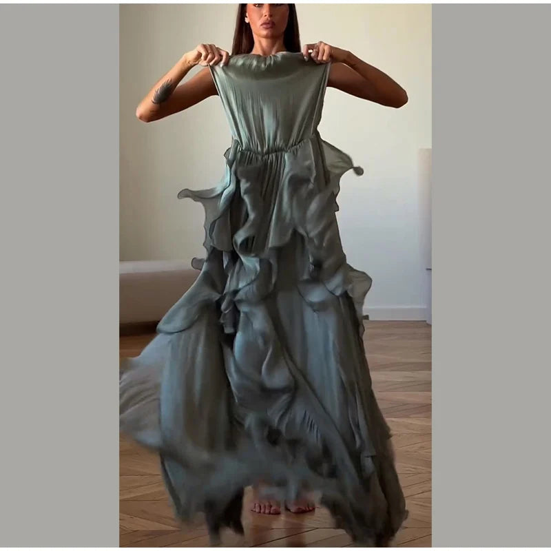 Women's Cascading Ruffle Lace-Up Long Dress