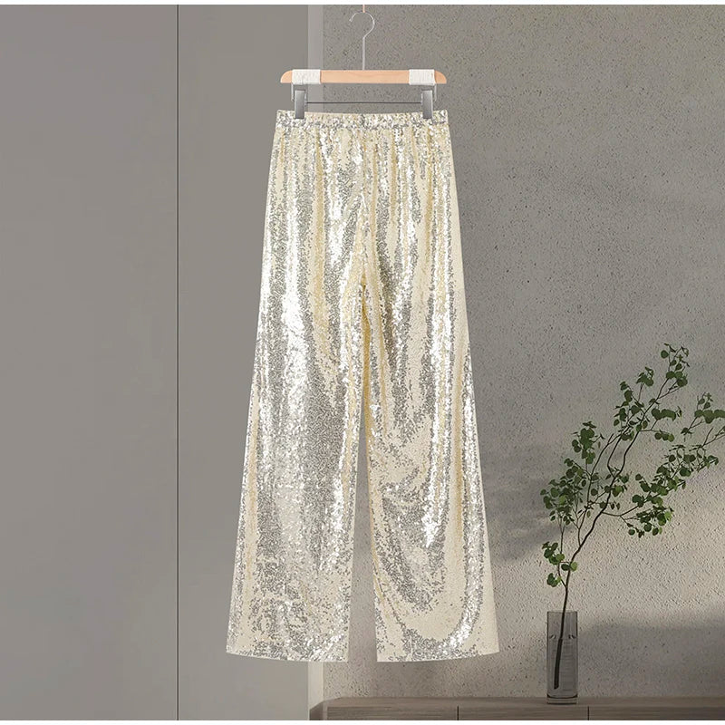 Women's Sequin Halter Top and Wide Leg Pants Set