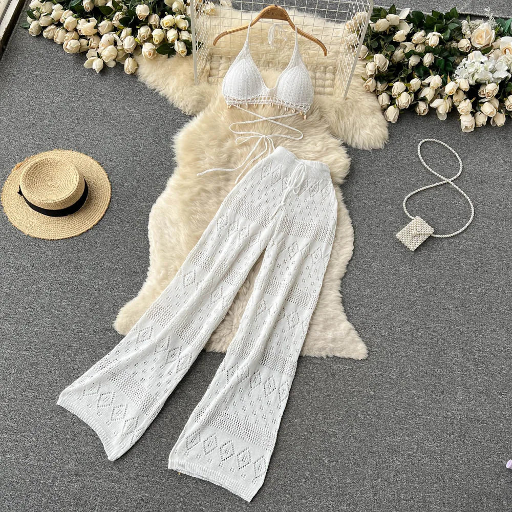 SINGREINY Women Summer Design Knitted Set Sexy Backless Halter Short Tops+Chic Hollow Knitted Wide Leg Long Pants Two Piece Suit