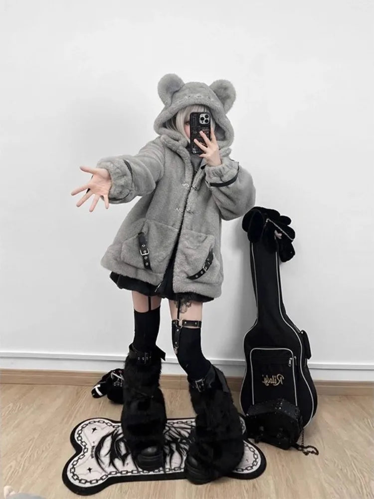 Women's Mouse Ear Hooded Faux Fur Coat