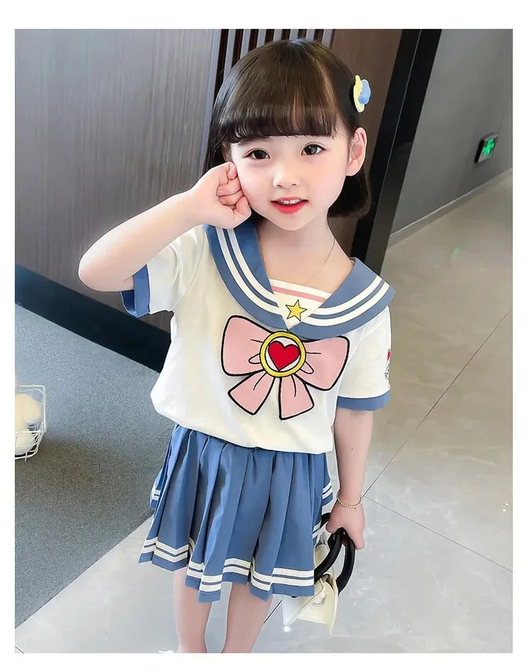 Baby Girls Clothes Sets Summer Bow Striped Tops Pleated Skirts Suits Cute Sailor Moon Cosplay Party Custume Children Clothes Set