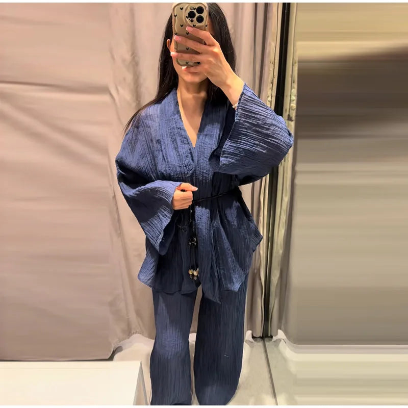 Casual Pleated Cardigan Pants Set V-neck Drop Shoulder Flared Sleeves Belt Waist Shirt Wide Leg Pants 2026 Chic Lightweight Sets
