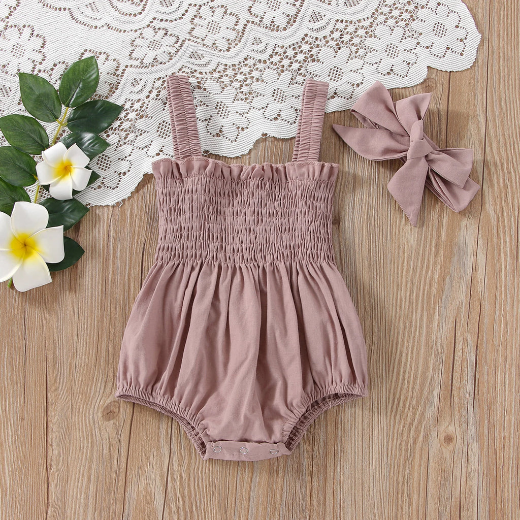 Citgeett Summer Infant Baby Girls Jumpsuit Outfit Solid Color Casual Sleeveless Suspender Jumpsuit Headband Clothes