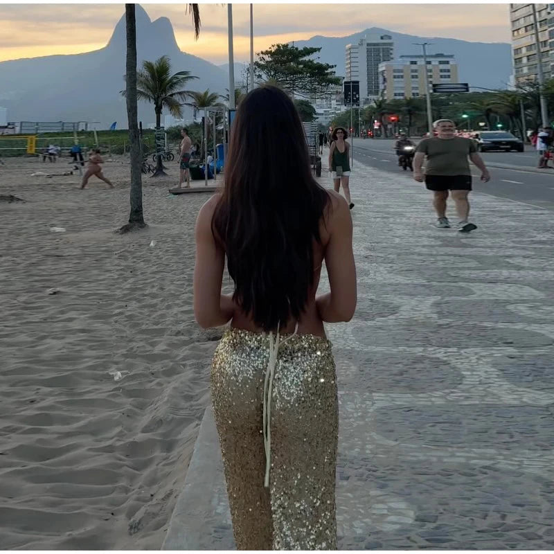 Women's Sequin Halter Top and Wide Leg Pants Set