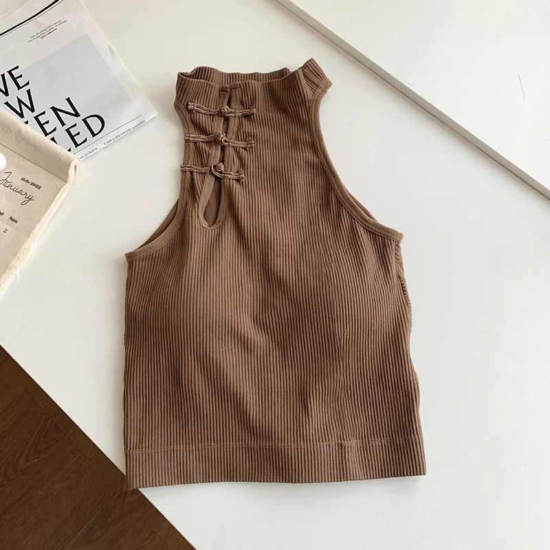 ITOOLIN Elegant Women Chinese Button Tank Tops With Bra Pad O-Neck  Sleeveless Tank Tops For Women Sexy Crop Tops All-Match 2024