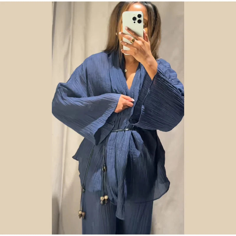 Casual Pleated Cardigan Pants Set V-neck Drop Shoulder Flared Sleeves Belt Waist Shirt Wide Leg Pants 2026 Chic Lightweight Sets