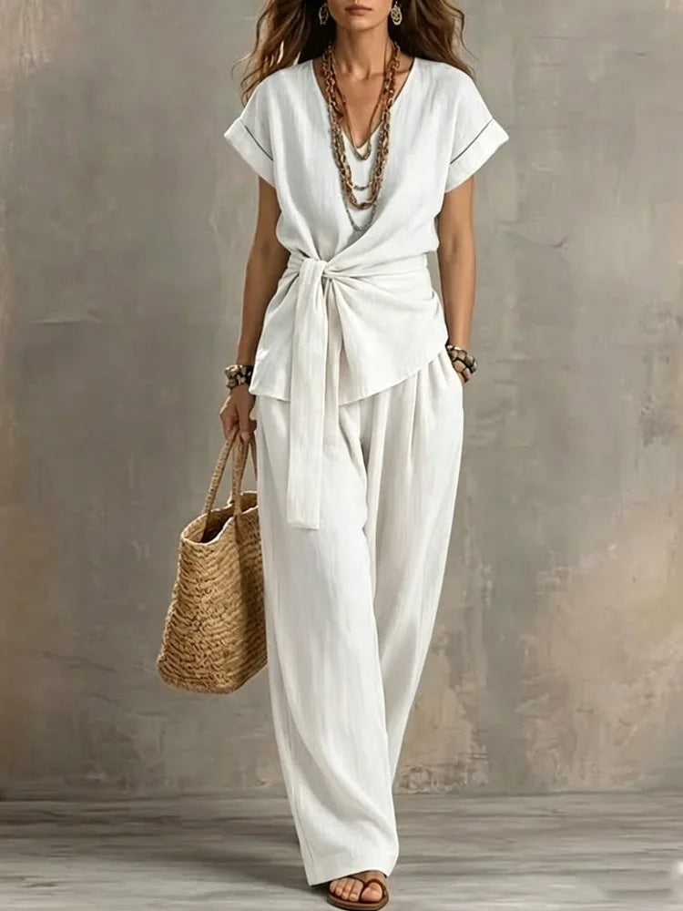 Fashion New Women Cotton Linen 2 Piece Outfit V Neck Tie Waist Short Sleeve Top Long Wide Leg Pants Loose Casual Summer Suit