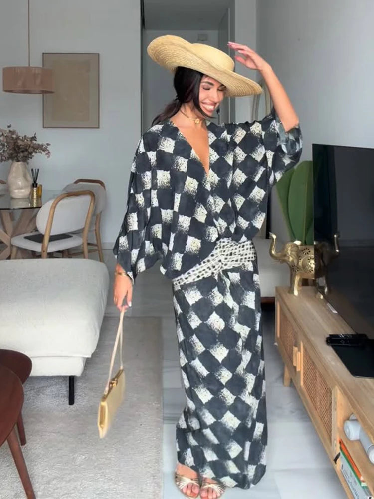Women's Plaid Batwing Sleeve Maxi Dress