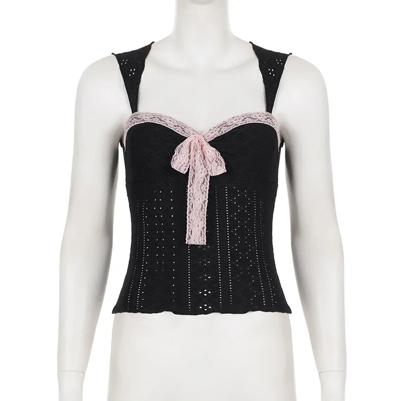 Sweet Lace Bow Knit Tank Top Women Spring Summer Coquette Y2K Sleeveless Crop Top Sexy Cute Cami Top Korean Style Vest