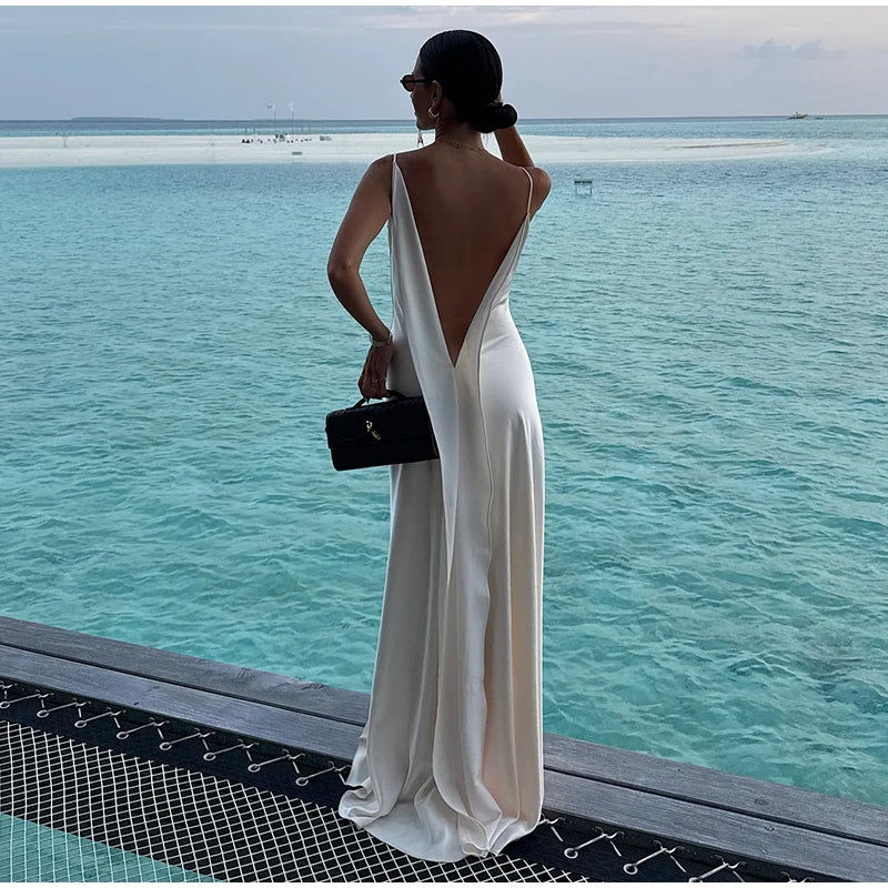 Women's Backless Satin V-Neck Sling Sundress